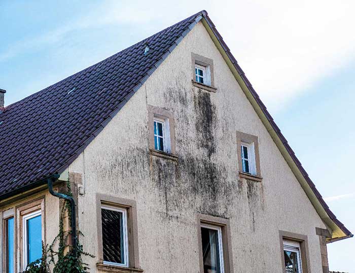 Travaux de toitures, bardages, isolation façade d'une maison abimée avec des traces noires